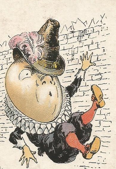 Humpty Dumpty falling off wall.Old children's game card.