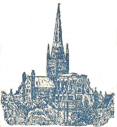 Drawing of Norwich Cathedral with spire 