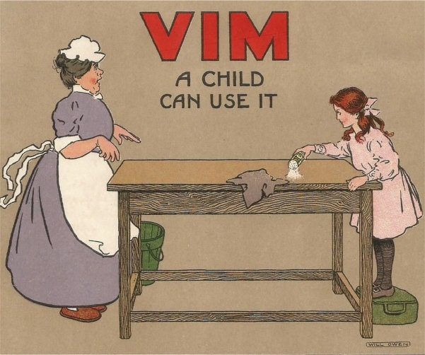 Cook and young girl with Vim. Edwardian chromol-itho advert