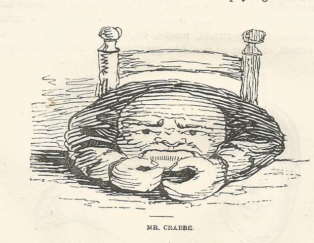 Hea of George Crabbe  rendered as a crab wih arms as clawssaws