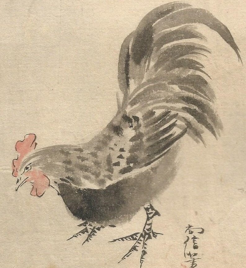 Chinese brush drawing of cockerel looking left.