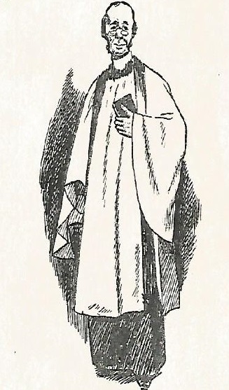 Line drawing of vicar in surplicec standing with prayer booke holding