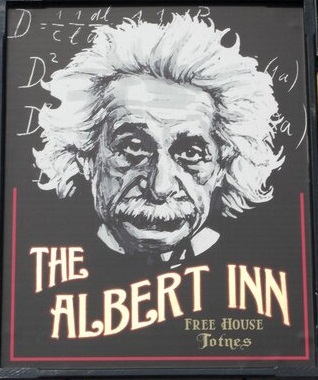Albert Einstein on pu b sign oard in Totnes Devon