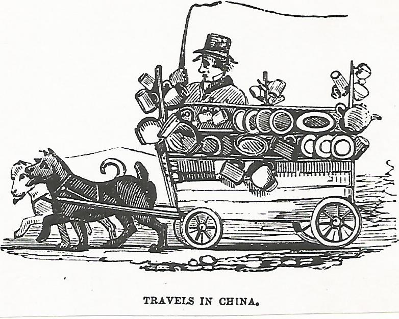 Woodcut design by Thomas Hood Two dogs walking left pullingart loaded with pots and plates