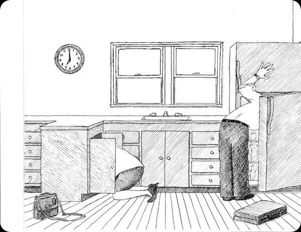 Cartoon. Woman and man on left and right with heads in food cupboards