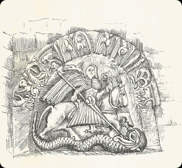 Sketch of stone carving of St George spearing dragon. gon