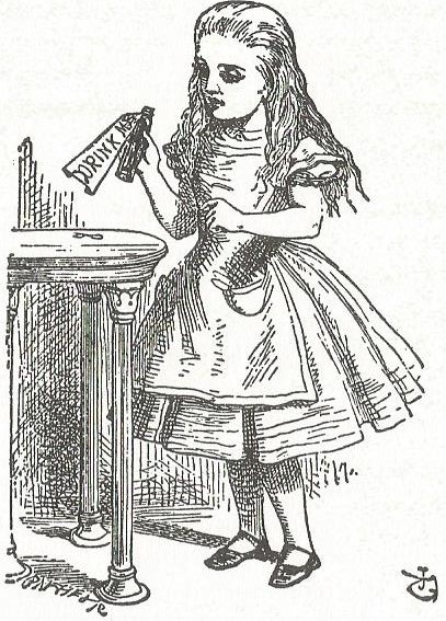 Tenniel illustration of Alice holding 'Drink Me' bottle