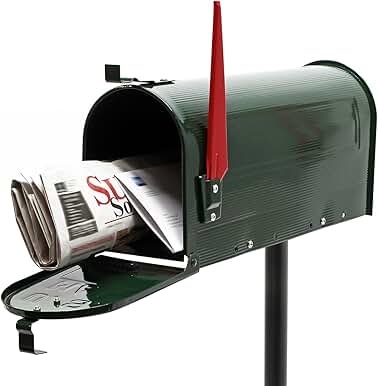 Black American mailbox with red flag raised and newspapers protruding.