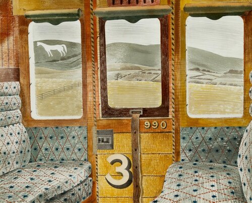 3rd class railway compartment with white horse chalk figue top left through window