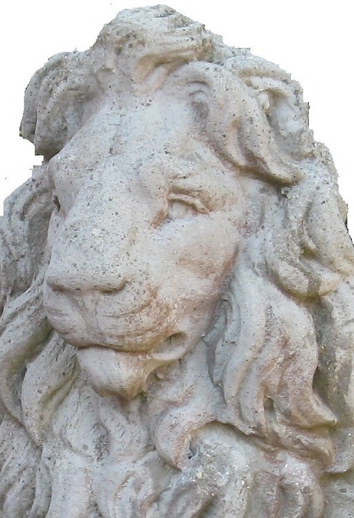 Greyish stone lion's head looking left