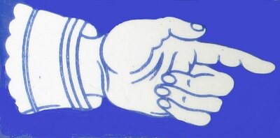 White-gloved hand pointing right on blue background