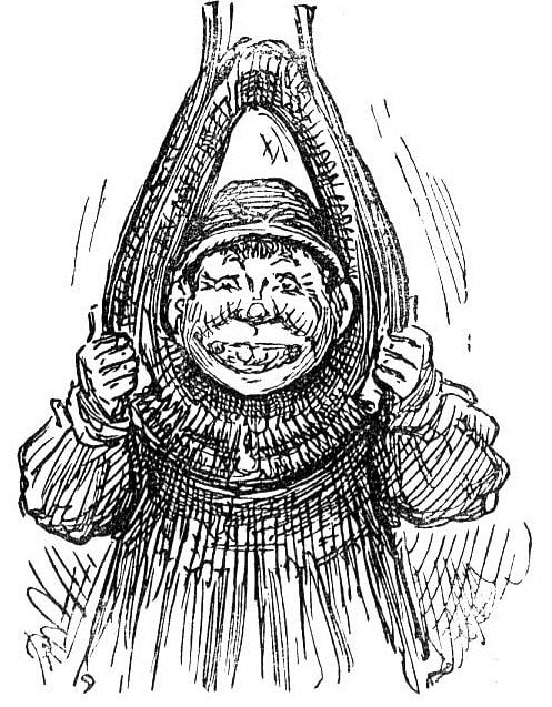 Smocked yokel grinning through a horse-collar 1886.