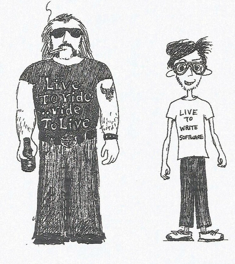 Man and boy with tee-shirts with slogans